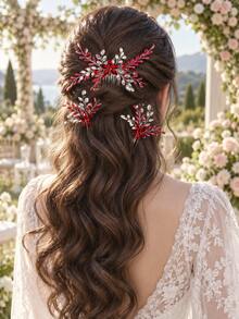 紅色水晶婚禮髮梳、單身派對配件、新娘髮花、女士髮箍、婚禮裝飾、婚禮帽子 - 紅色 - 查看 3