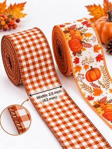 5 Yards 2.5 Inch Autumn Thanksgiving Wired Ribbon Roll - Orange Plaid Pattern & Pumpkin Design Fabric Ribbon, Suitable For Wreath Decoration, Christmas Ribbon Accessories, Christmas Gift Wrapping, Bow Decoration, Home Decor And DIY Crafts - Pumpkin Plaid - View 5