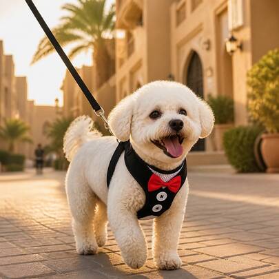 Fashionable Tuxedo Dog Harness Set, Breathable Mesh Pet Vest Harness With Red Bowknot, Secure Metal Buckle Reinforced Stitching Anti-Pull Lead Harness, Suitable For Small Dogs, Medium Dogs And Puppies Daily Outdoor Walks And Travel Pet Supplies