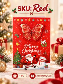1pc 3D Pop‑Up Butterfly Christmas Greeting Card, Santa Snowman Xmas Holiday Wish Card, Festive Paper Gift Card For Christmas Party - Multiple Styles - View 9