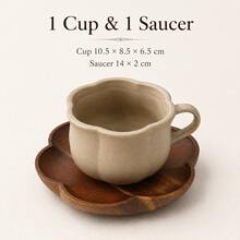 WGROOM 2pcs/Set (1 Cup + 1 Saucer) Rustic Ceramic Coffee Cup With Flower-Shaped Wooden Tray, Petal-Edged Tea Cup, Suitable For Home, Cafe, Breakfast And Afternoon Tea - Multicolor - View 7
