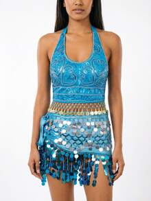 Bohemian Sequin Embroidered Chest Piece, Coin Tassel Hem & Round Sequins Tassel Hip Scarf, Exotic Body Accessory For Vacation Carnival (Multiple Colors Available) - Multicolor - View 7