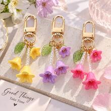 1pc Macaron Color Lily Of The Valley Keychain, Beaded Bell Flower Bag Charm With Gold Rotating Clasp, Floral Pendant, Suitable For Handbags, Backpacks And Keys - Quantity - View 3