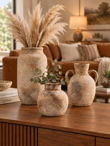 1/3pcs Wabi-Sabi Style Decorative Vase Set, Vintage Rustic Mediterranean Style Vases, Textured Neutral Home Decor, Suitable For Living Room, Entryway, Shelf, Fireplace Mantel, Dining Table Centerpiece, Can Hold Reed Grass, Dried Flowers, Housewarming Gift - A - View 3