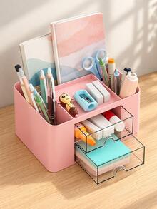 1pc Desktop Organizer Rack, Desktop Storage And Display Box With 2 Drawers, Multi-Functional Desktop Ornament Pen Holder, Desktop Organizer Rack With 5 Compartments And Storage, Office Desktop Organizer - Multicolor - View 4