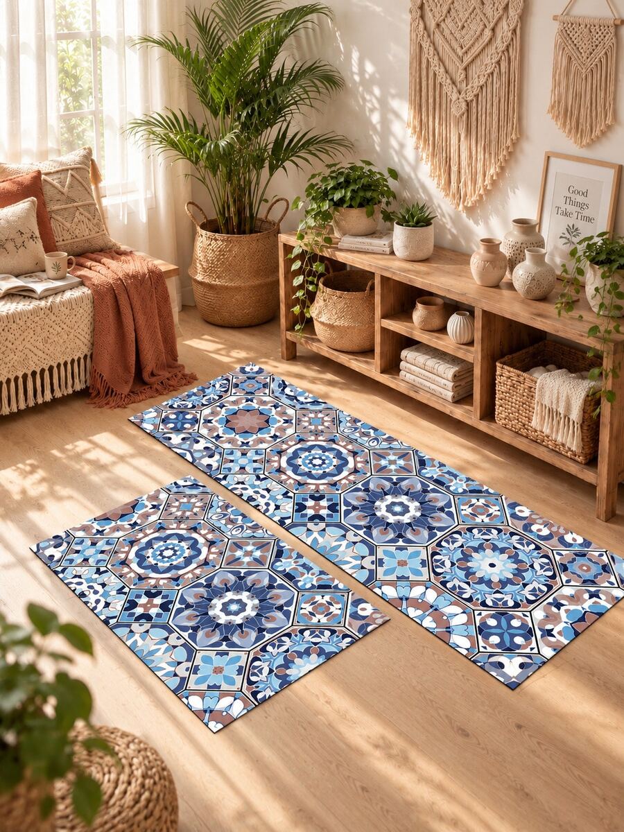 1/2pcs Diatomaceous Earth Bath Mat, Vintage Bohemian Floral Pattern Style, Super Absorbent, Non-Slip, Perfect For Bathroom, Kitchen And Dining Room, Quick Drying, Ideal Gift For Home Decor And Bathroom Mat - Multicolor - View 1