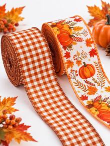 5 Yards 2.5 Inch Autumn Thanksgiving Wired Ribbon Roll - Orange Plaid Pattern & Pumpkin Design Fabric Ribbon, Suitable For Wreath Decoration, Christmas Ribbon Accessories, Christmas Gift Wrapping, Bow Decoration, Home Decor And DIY Crafts - Pumpkin Plaid - View 9