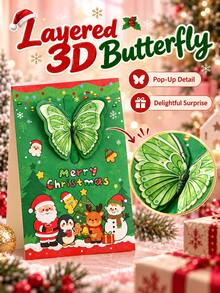 1pc 3D Pop‑Up Butterfly Christmas Greeting Card, Santa Snowman Xmas Holiday Wish Card, Festive Paper Gift Card For Christmas Party - Multiple Styles - View 5