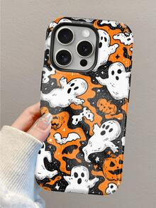 1pc Cartoon Halloween Print, Cute White Ghost, Pumpkin Head, Bat, Black & Orange Contrast Asymmetrical Pattern Fashionable Personalized Design Phone Case, Glossy Full Coverage 2-In-1 Phone Shell Compatible With Apple 18 Pro Max/17 Pro Max/11/12/12 Pro Max/13/13 Pro Max/14 Pro Max/15 Pro Max/16 Pro Max And Other Models. Elegant Design Unisex, Perfect Birthday, Anniversary Gift For Christmas, Valentine's Day, Easter, Wedding Season. - Multicolor - View 2