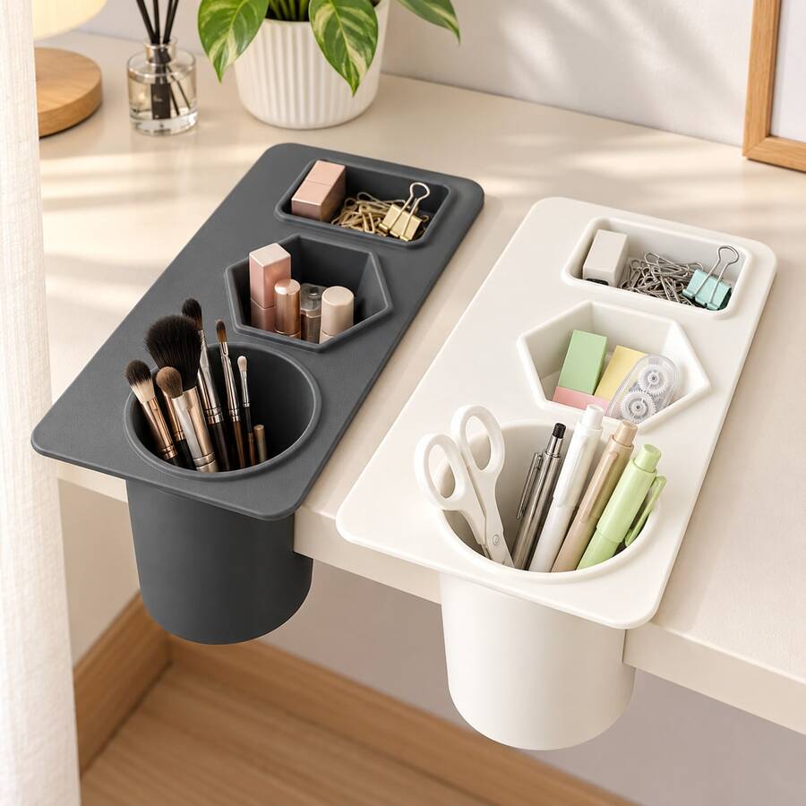 1PC Desk Side Adhesive Makeup Brush Holder, INS Style Minimalist Stationery Wall Mount, Student Multi-Function Desk Side Pen Holder - View 1