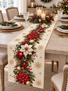 1pc Christmas Linen Table Runner, Red & White Color Scheme With Holly Berry, Pine Cone And Snowflake Decor, Suitable For Holiday Dining, Kitchen, Farmhouse Style Christmas Party - Multicolor - View 6