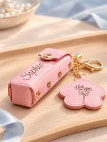 Personalized Birthday Flower Lipstick Keychain, Engraved Lip Balm Storage Box, Customized Mirror Leather Lipstick Case, Gift For Her - Multi-color - New Red Envelope - View 4