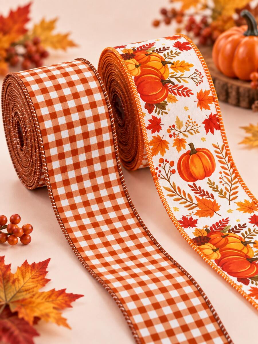 5 Yards 2.5 Inch Autumn Thanksgiving Wired Ribbon Roll - Orange Plaid Pattern & Pumpkin Design Fabric Ribbon, Suitable For Wreath Decoration, Christmas Ribbon Accessories, Christmas Gift Wrapping, Bow Decoration, Home Decor And DIY Crafts