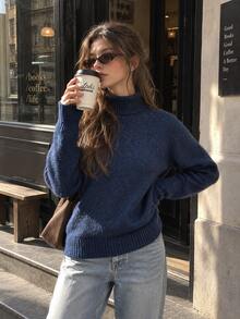 Women's Warm Knitted Turtleneck Pullover Sweater With Long Sleeves For Fall And Winter Style - Blue - View 2