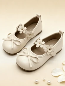 Girls' Flat Mary Jane Shoes With Bow Toe, 3D Flower & Metal Center Decor, Hook & Loop Strap, Round Toe, Soft Sole, Lightweight, Sweet Princess Style, Suitable For Daily Wear, Party, Banquet, All Seasons - Beige - View 9