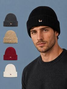 Men's Cute Dog Embroidered Ribbed Knit Beanie, Warm Cuffed Winter Hat For Casual Outdoor Wear - Knitted Hat - View 6