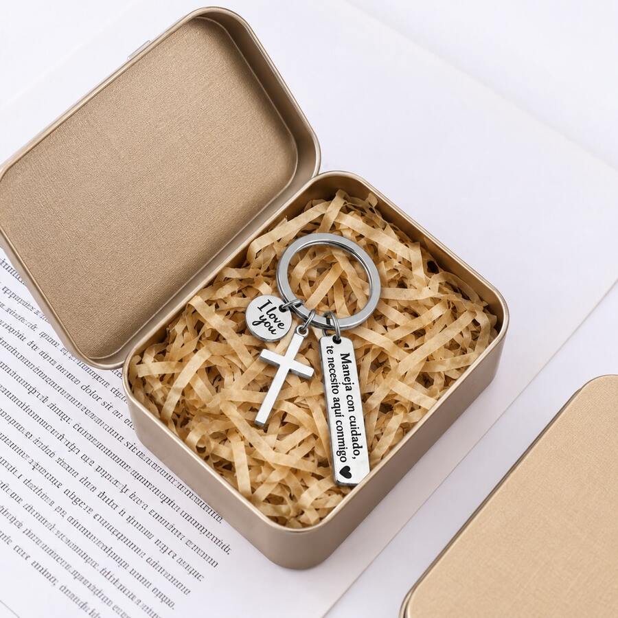1 Set Stainless Steel Spanish Blessing Keychain With Metal Gift Tin, Engraved Couple Car Pendant, Meaningful Gift For Him & Her - View 1