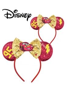 Disney 1pc Cars Character Ear Headband, Red Sequin Gold Sparkle Bow Lightning McQueen 95 Number Festival Cosplay Party Hair Hoop - Multicolor - View 2