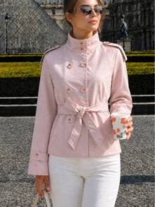 Women's Short Trench Coat, Double-Breasted With Tie Belt And Epaulettes, Suitable For Daily Commute And Vacation - Pink - View 5
