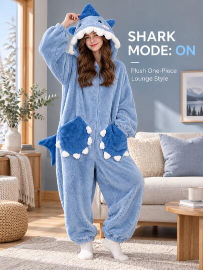 Cute Shark Pajamas, Women's Plush Fleece Hooded One-Piece Jumpsuit, Warm Thickened Flannel Animal Loungewear Role Play Outfit, Winter Autumn Home Outdoor Casual Wear Sleeping Bag Blanket Plush Pajamas