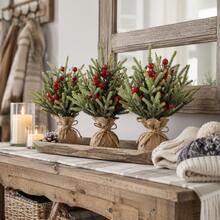 1pc 9.8 Inch Mini Artificial Christmas Tree With Burlap Base, Realistic Green Pine Branches And Red Berries, Rustic Style Desktop Holiday Decor, Suitable For Home, Office, Desk, Shelf, Store Display, Christmas Party And Winter Decoration - Mini Artificial Christmas Tree With Pine Branches and Red Berries - View 4