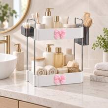 2‑Tier Makeup Organizer With Bow Decoration, Multi‑Functional Plastic Bathroom Storage Box, Countertop Organizer For Sink, Vanity And Cabinet, Compact Space‑Saving Design, Exquisite Bow Detail, Holiday & Birthday Gift, Decorative Bathroom Ornament - Multicolor - View 6