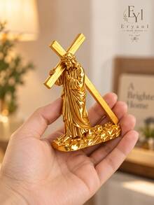 1PC Gold Jesus Carrying Cross Statue, 10cm Christian Religious Figurine, Metallic Faith Home Decor Sculpture For Prayer Room, Shelf, Desk, Bedroom, Church, Easter Christmas Gift - Jesus Cross - View 6