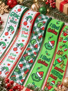 The Grinch Christmas Ribbon, Printed Holiday Gift Wrapping Ribbon Roll With Festive Cartoon Patterns, Red And Green Decorative Ribbon, Suitable For Christmas Gifts, Tree Decorations, Bows, Wreaths, Garlands, Baskets, Party Decorations And DIY Crafts, Grinchmas Holiday Supplies - View 2