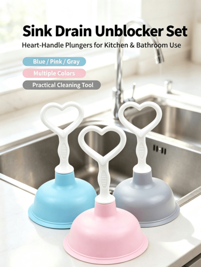 Heart-Shaped Handle Sink Plunger, Powerful Suction Drain Clog Remover, Suitable For Kitchen Sink, Floor Drain And Bathroom Washbasin, Mini Household Pipe Cleaning Tool, Reusable Lightweight Drain Clog Remover, 3 Colors Available, Practical Home Sewer Unclogging Tool