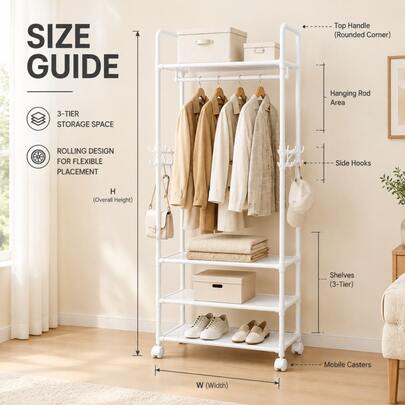 Black/White Rolling Clothes Rack With Wheels, Stylish & Easy-To-Assemble Multi-Tier Garment Rack With Shelves, Hanging Rod & Side Hooks For Bedroom, Entryway & Laundry Room