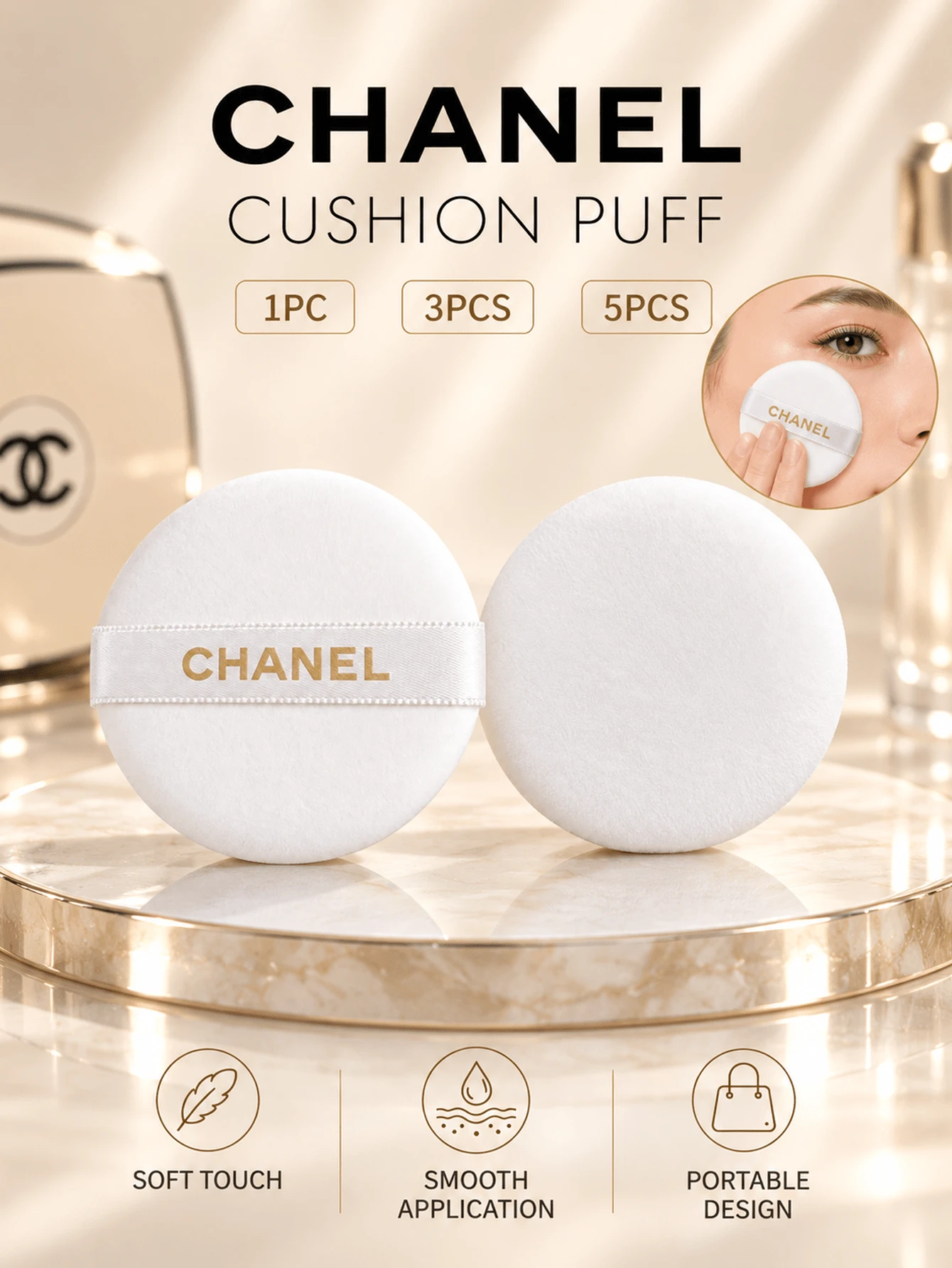 Chanel Cushion Puff, 5.2cm, 1PC/3PCS/5PCS, Soft And Skin-Friendly, Suitable For Dry And Wet Use, Ideal For Applying Cushion Foundation