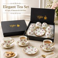 WGROOM 12pcs/Set (6 Cups And 6 Saucers) Rose Print Ceramic Tea Cup And Saucer Set, Gold Rim Coffee Cup Set, Elegant Afternoon Tea Set, Suitable For Home, Party And Gift - Multicolor - View 1