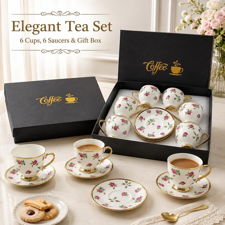 WGROOM 12pcs/Set (6 Cups And 6 Saucers) Rose Print Ceramic Tea Cup And Saucer Set, Gold Rim Coffee Cup Set, Elegant Afternoon Tea Set, Suitable For Home, Party And Gift - Multicolor - View 1