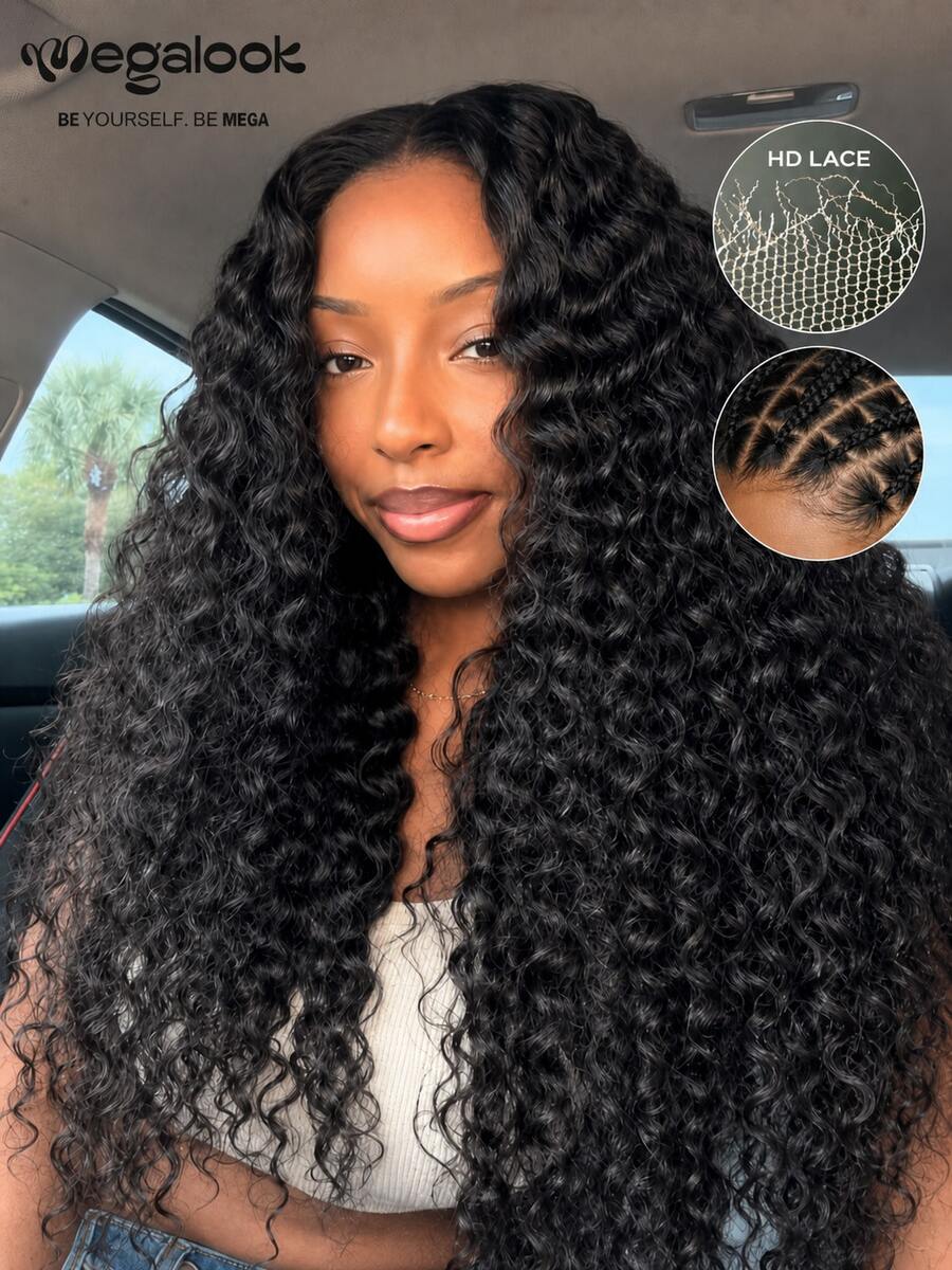 MEGALOOK Wig Lace Depan HD Tanpa Lem 13x6, Gelombang Air Hitam Alami, 100% Rambut Manusia, Kepadatan 200%, Tali Serut untuk Pemakaian Langsung, Garis Rambut Alami yang Sudah Dicabut, Banyak Belahan, Ramah untuk Pemula - SNatural - View 1
