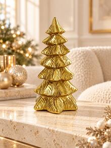 1pc Gold Christmas Tree Figurine, Elegant Sculpted Tabletop Ornament With Layered Branch Design, Freestanding Holiday Accent For Living Room, Mantel, Shelf, Office Desk And Winter Party Decor - New - View 2