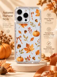 1pc Transparent Rhinestone Frame Autumn Pumpkin Maple Leaf Phone Case, Watercolor Acorn Berry Bow Transparent Full Coverage Anti-Fall Soft Protective Cover For IPhone18 17 16 15 14 13 12 11 Pro Max, - Clear - View 9