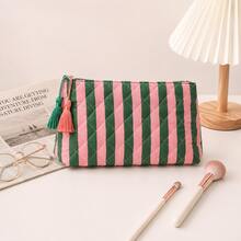 Striped Diamond Quilted Makeup Bag For Women, Portable Travel Storage Bag With Tassel Zipper Design, Large Capacity Skincare Organizer Bag, Exquisite Cosmetic Storage Bag For Daily Carry - Multicolor - View 6