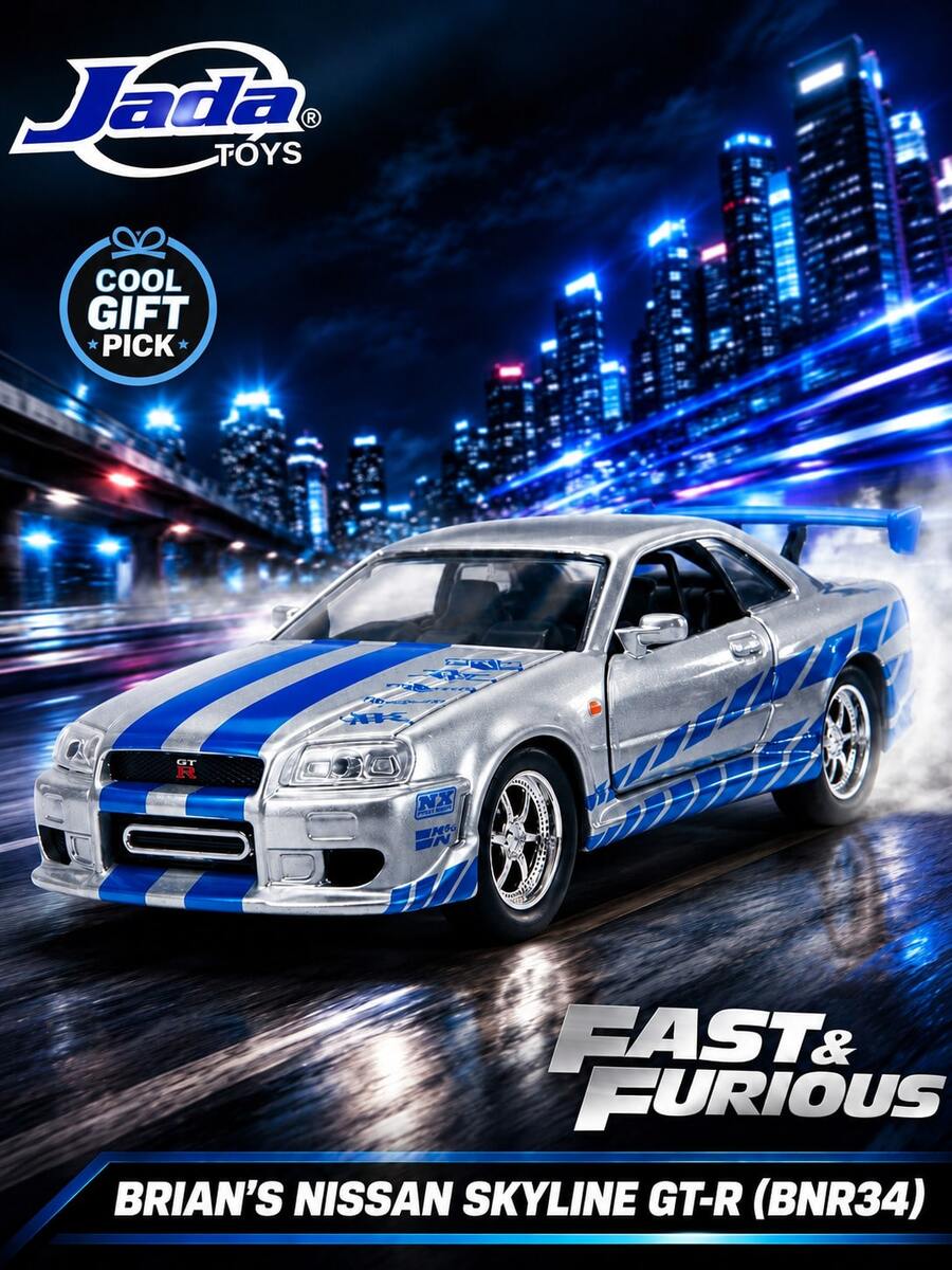 سيارة Jada Toys Fast & Furious Brian's Nis-San Skyline GT-R BNR34 من المعدن المصبوب، مقياس 1:32، سيارة رياضية أسطورية JDM، نسخة سباق فضية، سيارة فيلم معدنية مفصلة قابلة للجمع، زينة عرض لعشاق السيارات، هدية لمحبي Fast & Furious - متعدد الألوان - مشاهدة 1