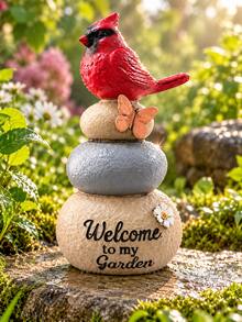 1pc Cardinal Bird Welcome Garden Statue, Charming Red Bird Perched On Stacked Stones With Butterfly Decor, Rustic Outdoor Yard, Patio, Porch, Lawn, Flower Bed And Garden Path Decoration - New - View 8
