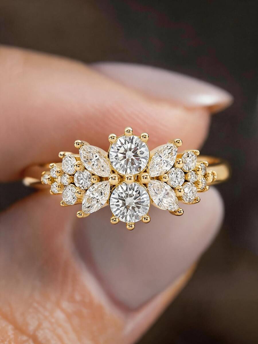 1PC 18K Gold Plated Luxury White Gemstone Ring,Dual Round Center Stones,Horse Eye And Round Cluster Floral Ring, Ladies' Exquisite Holiday Party Gift - Yellow Gold - View 1