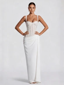 Elegant Strapless Lace Bodycon Long Party Evening Dress - White - View 4