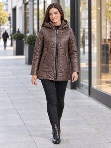Women's Hooded Triangle Quilted Cotton Jacket With Drawstring Zip Front Stand Collar Padded Coat - Coffee Brown - View 2