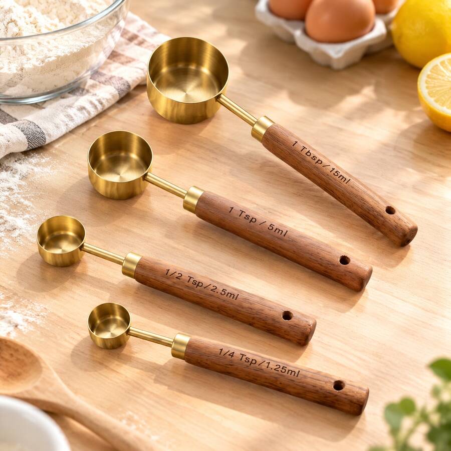 9pcs Stainless Steel Gold-Plated Measuring Spoons With Rosewood Handle - Gold - View 1