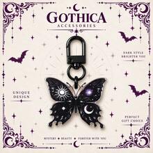 5/2/1PC Halloween Gothic Butterfly Keychain, Skull Moon Sun Printed Butterfly Pendant Key Ring, Punk Dark Style Bag Charm For Backpack Purse Keys - Black - View 3