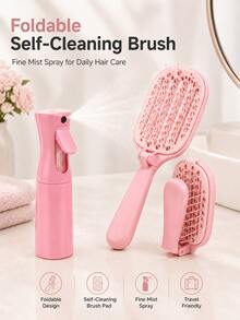Foldable Self-Cleaning Hair Brush Set → Easy-Clean Detangling Styling Brush → Fine Mist Spray Bottle → Rounded Pins → Straight Wavy Curly Thick Hair - Portable Folding Comb - View 3