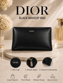 Dior Black Makeup Bag, 24.5*1.5*15.5 Cm, Portable, Large Capacity, Zipper Closure, Smooth Material, Simple And Elegant, Travel Essential - Black - View 5