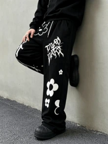 Dark Gothic Letter & Floral Print Wide Leg Pants, Unisex Drawstring Elastic Waist Y2K Loose Straight Leg Casual Sweatpants - Black - View 2