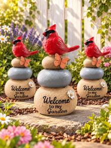 1pc Cardinal Bird Welcome Garden Statue, Charming Red Bird Perched On Stacked Stones With Butterfly Decor, Rustic Outdoor Yard, Patio, Porch, Lawn, Flower Bed And Garden Path Decoration - New - View 10