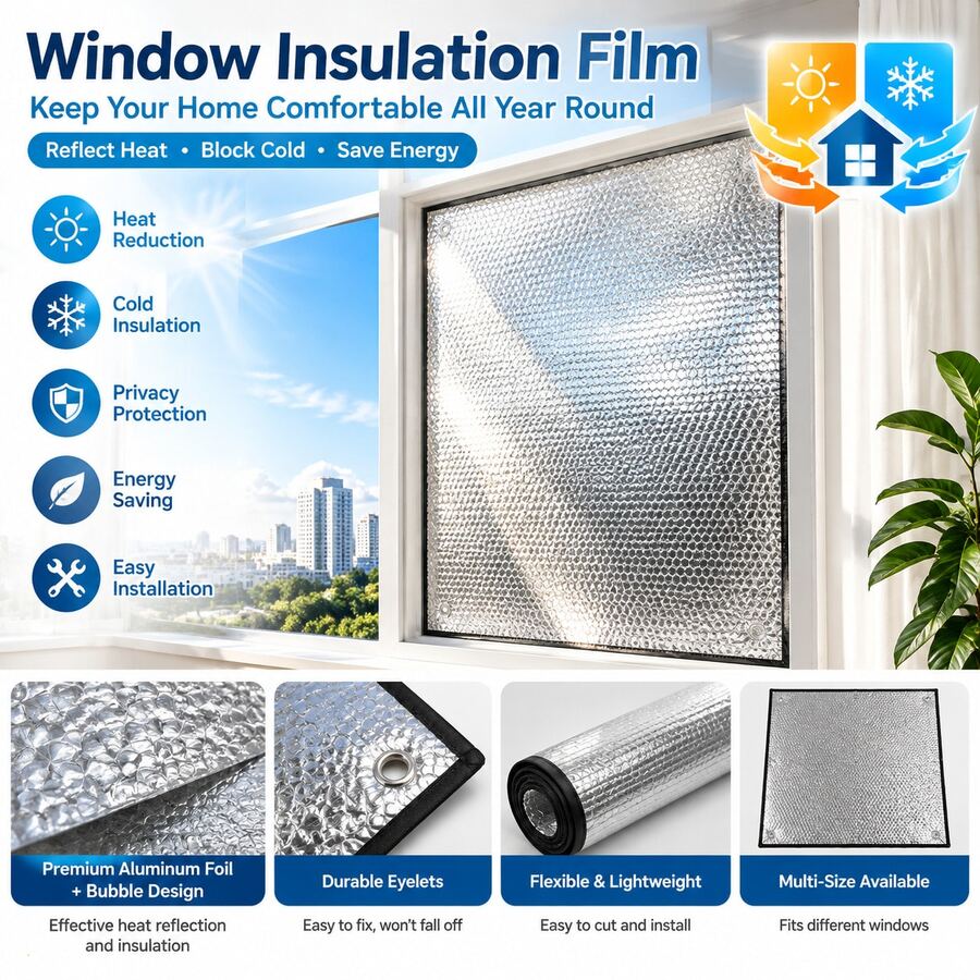 High Quality Aluminum Film Window Insulation Cover With Thickened Aluminum Foil, Providing Insulation In Summer And Warmth In Winter, Reducing Heat Loss/Transfer, Suction Cup Installation, Suitable For Indoor And Outdoor Use