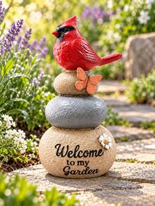 1pc Cardinal Bird Welcome Garden Statue, Charming Red Bird Perched On Stacked Stones With Butterfly Decor, Rustic Outdoor Yard, Patio, Porch, Lawn, Flower Bed And Garden Path Decoration - New - View 3